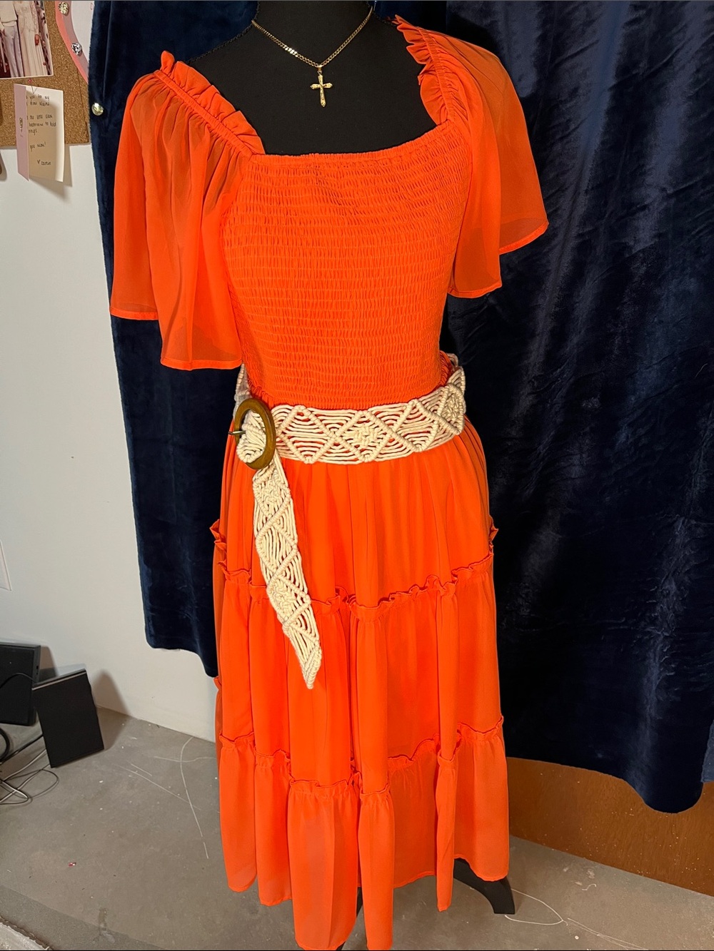 Bright Orange Smocked Midi Dress with Flutter Sleeves